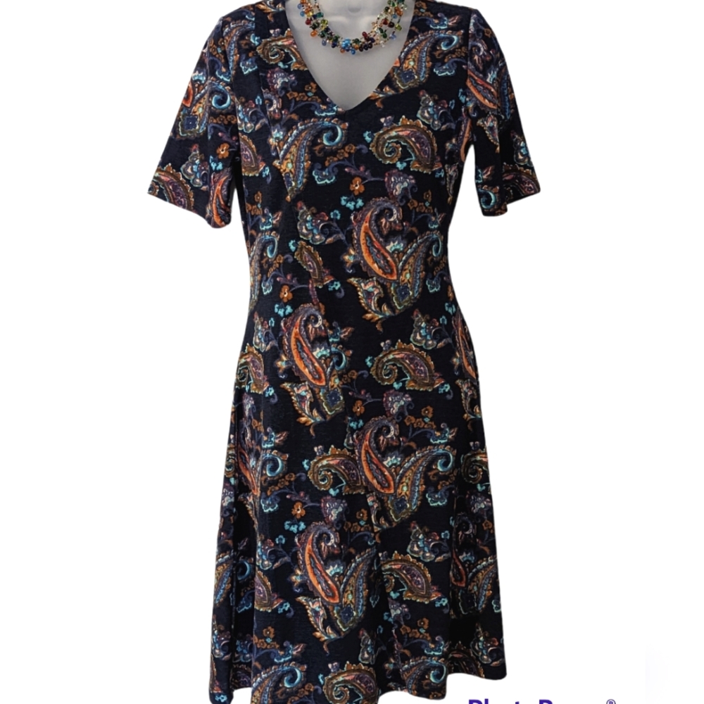 Navy paisley faux wrap dress xs
